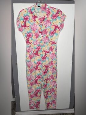 Village Fair women vintage Tropical Floral Button-Up Jumpsuit Pink & Aqua XL 60s